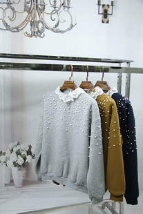 包邮2016新款韩国韩版蕾丝领口珍珠加绒纯色卫衣短款女士加厚0004