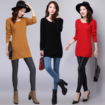 2015冬季新款韩版套头修身显瘦口袋毛衣女 中长款加厚纯色羊毛衫