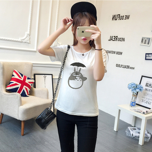 2016夏季新款韩版原创龙猫印花T恤圆领宽松百搭短袖打底衫上衣女
