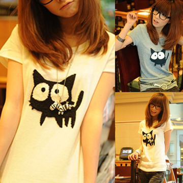 新款韩版修身显瘦可爱猫咪图案印花短袖圆领纯棉T恤百搭打底上衣