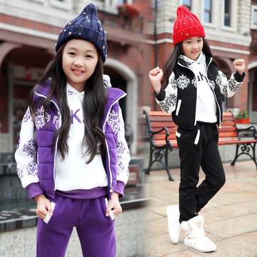 女童冬装中小童儿童套装2015新款女孩加厚休闲运动童装卫衣三件套