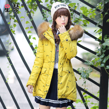 星琴少女冬装2015新款韩版中长款大毛领厚大衣初高中学生棉衣外套