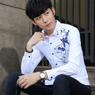 男士印花长袖衬衫秋季韩版修身男装商务寸衫衬衣白色纯棉青年上衣
