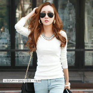 2014修身韩版女t恤长袖白色v领体恤 简约女士打底衫