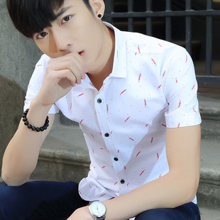 男士短袖衬衫夏季休闲衬衣韩版修身印花小领纯棉商务上衣流行男装