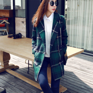 2015新款冬季韩范格子毛呢外套女中长款韩版妮子大衣