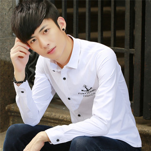 韩版新款春秋季男士长袖衬衫纯色修身纯棉商务男青年薄款休闲衬衣
