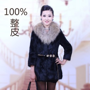 2016新款超大貉子毛领整皮兔毛皮草外套9分袖女中长韩版修身特价