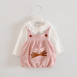 女宝宝秋装1-2-3岁女童花边领长袖打底衫+背带裙两件套装婴儿裙子