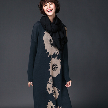 2015秋冬装新款女装中长款长袖针织衫 时尚韩版圆领显瘦羊毛毛衣