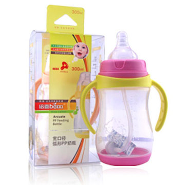 倍喜塑料婴儿奶瓶 宽口径防胀气奶瓶300ml 带手柄吸管塑料PP奶瓶
