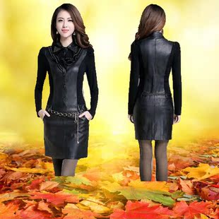 秋季女装新款连衣裙一步包臂裙皮裙拼接包臀长袖打底裙时尚百搭短
