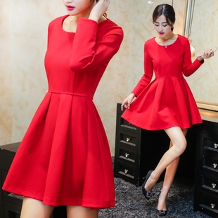 2016新款女装秋冬装长袖连衣裙红色裙小礼服修身显瘦中长款打底裙