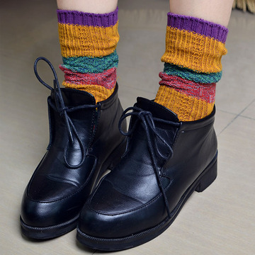 【3件包邮】2015新款复古袜女中长筒袜堆堆袜拼接条纹彩色线袜潮