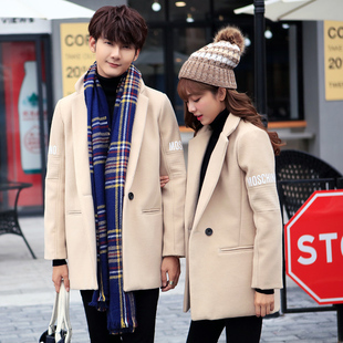 冬季新款情侣装韩版休闲呢料中长款呢子风衣外套时尚男女学生班服