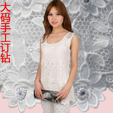 新款韩版蕾丝白色吊带大码宽松外穿女式背心打底衫绣花手工钻包邮