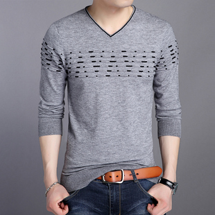秋季男士V领针织衫长袖 新款韩版字母青年学生潮流打底薄款毛衣男