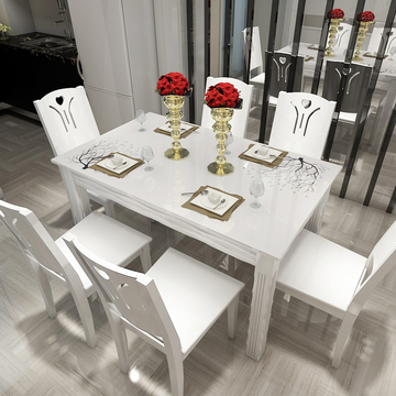 现代简约实木大理石餐桌椅组合 白色烤漆长方形1桌4椅6椅餐桌饭桌