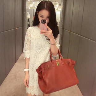 2015夏季韩版镂空蕾丝连衣裙显瘦休闲宽松中裙气质修身白色女裙子
