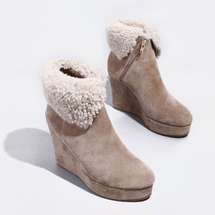 秋冬季新款羊羔毛 坡跟防水台短靴 女式高跟磨砂皮雪地靴及踝靴子