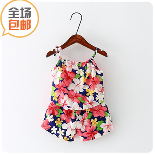 女童夏装韩版1-2-3岁半女宝宝棉绸吊带上衣两件套装女宝夏季衣服0