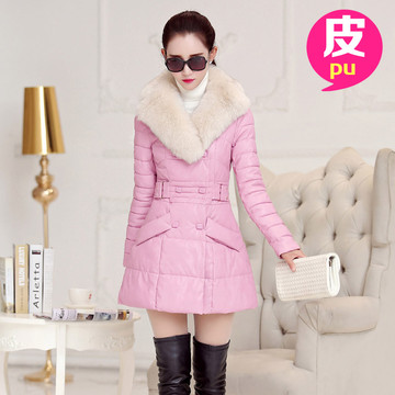 2015冬装新款女装棉衣韩版中长款棉袄修身显瘦外套带毛领袄子pu皮