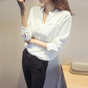 韩国正品代购2016早春新款韩版亚麻棉长袖女士宽松打底中长款衬衫
