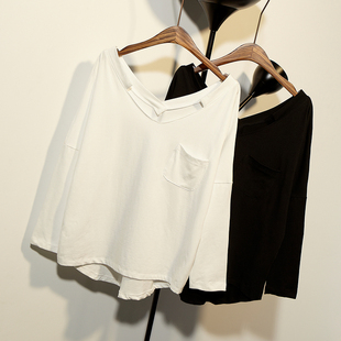 2015秋装打底衫新款 不规则设计双V领口袋长袖棉质宽松显瘦女t恤