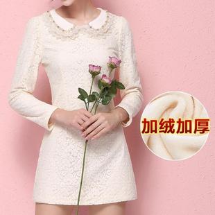 韩版女装2015冬季新款修身加绒保暖打底裙蕾丝长袖连衣裙A字裙