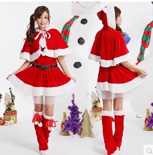 新款圣诞服圣诞节派对演出服大红披肩斗篷连体女圣诞装cosplay服