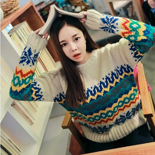 韩版复古彩色撞色几何图案民族风宽松针织套头圆领直筒长袖毛衣女