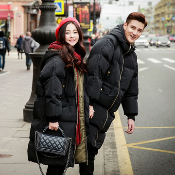 韩国2015冬装情侣棉衣男女加大码中长款过膝加厚羽绒棉服外套宽松