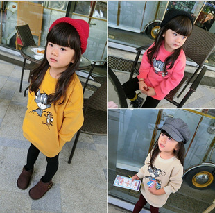 童装2015冬季新款女童韩版中长款卡通抓绒套头卫衣优质保暖童上衣
