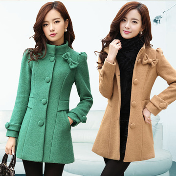2015秋冬新款韩版中长款呢子大衣修身气质单排扣立领羊毛毛呢外套