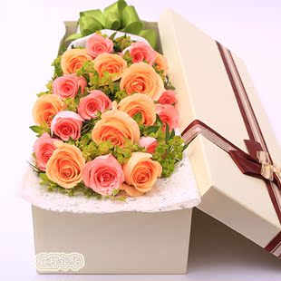 19朵红粉白香槟玫瑰鲜花礼盒速递上海浦东鲜花店同城全国送花上门