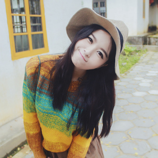秋冬旅行女装韩版渐变色拼接套头圆领加厚宽松毛衣长袖羊毛针织衫