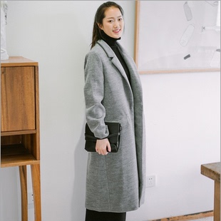 芦荟派2015冬季新品日系简约高端羊毛呢子纯色修身长灰色大衣外套