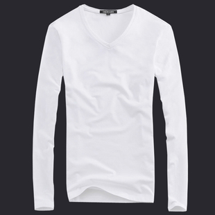 2015新款秋季修身打底衫男长袖v领纯色男士打底t恤白色大码上衣潮