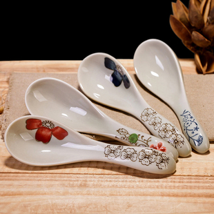 景德镇 特价日式釉下彩小勺子 陶瓷吃饭勺 实用喝汤调羹 量勺餐具