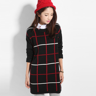 2015秋季韩版新款小清新不起球毛衣中长款 格子 双面织加厚毛衣裙