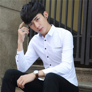 秋季纯棉男士长袖衬衫修身韩版商务免烫工作服职业正装白衬衣小领