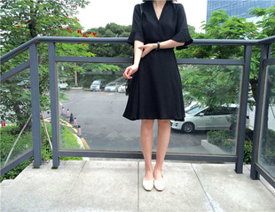 HC YOOMINI2016夏季新款V领气质收腰系带高腰显瘦半袖中长连衣裙