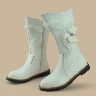 15新款女童靴子秋冬季中筒靴韩版真皮儿童棉靴单靴公主马丁靴白色