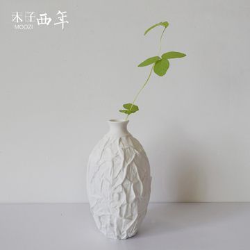 【木子西年】包邮白色褶皱花艺客厅卧室素烧哑光素雅清新陶瓷花瓶