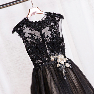 时尚黑色短款晚礼服2015新款冬季晚宴会礼服中长款聚会年会主持裙