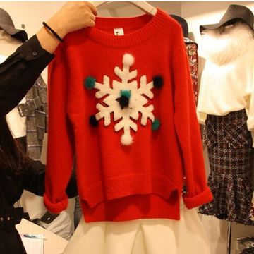 2015秋冬新款韩国东大门甜美雪花毛球套头长袖圣诞毛衣打底针织衫