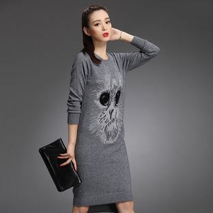 韩版猫咪图案时尚通勤长袖圆领中长款貂绒针织衫连衣裙打底衫外套