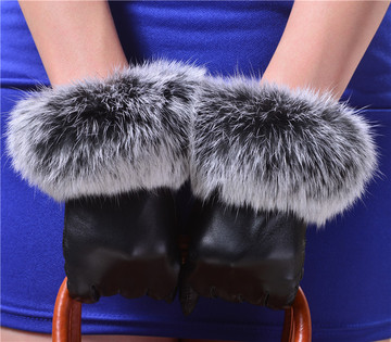 包邮冬季保暖兔毛皮手套女士韩版触屏时尚简约加绒开车骑车皮手套