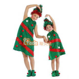 儿童圣诞节日表演服装圣诞树演出服 亲子装 圣诞老人闪亮绿装