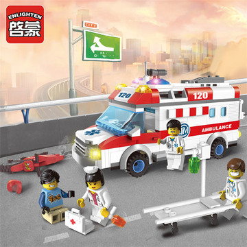 启蒙积木 新品拼装城市系列1118紧急救护车拼插益智塑料儿童玩具